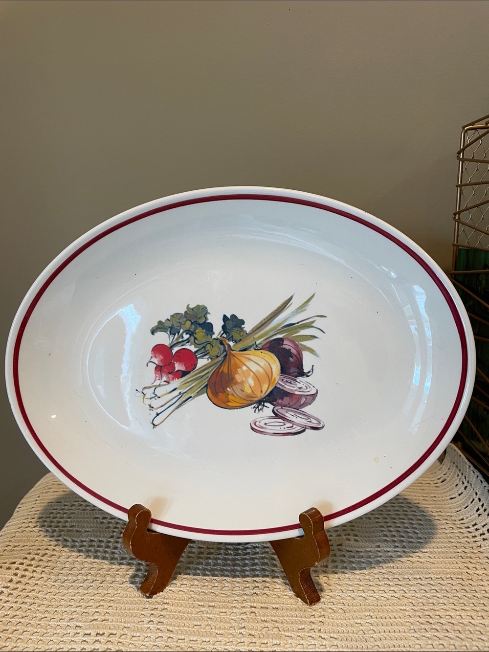 White Ceramic Serving Platter with Red Rim and Vegetable Motif by Homer Laughlin